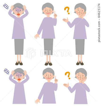 Vector illustration of a wondering grandma holding his head pale, pointing up with his index finger Vector illustration of a wondering grandma holding his head pale, pointing up with his index finger 64623174