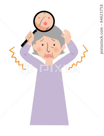 A vector illustration of a grandma suffering from a red pimple on her scalp A vector illustration of a grandma suffering from a red pimple on her scalp 64623758