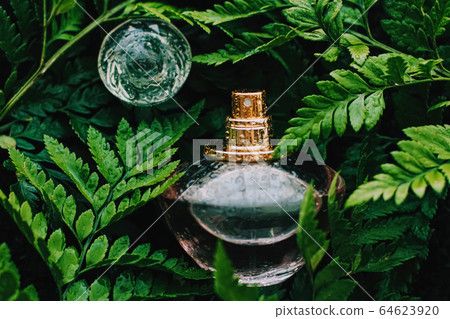 Perfume bottle with aromatic tropical scent in nature, luxury fragrance 64623920