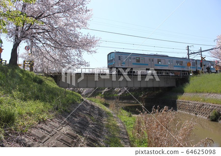 奈良市Sabo河沿岸的鐵路橋和櫻桃樹 奈良市Sabo河沿岸的鐵路橋和櫻桃樹 64625098