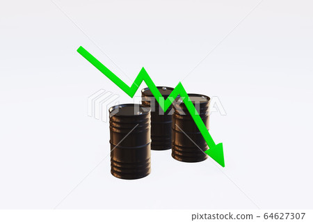 Green arrow and three black metal oil barrels Green arrow and three black metal oil barrels 64627307
