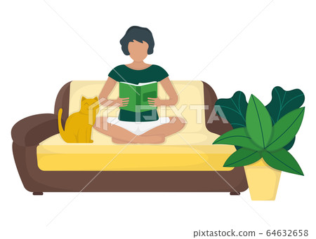 Character female sitting couch and read book with - Stock Illustration ...