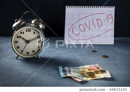 Covid-19 impact on European economy, economical consequences of the quarantine concept. A watch, monthly calendar and the last euro savings 64633243