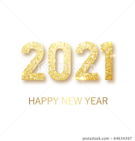 Happy New 2021 Year. Holiday vector illustration of golden metallic numbers 2021. Realistic gold vector sign. Festive poster or banner design 64634397