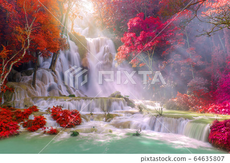 Waterfall in rain forest. (Tat Kuang Si Waterfalls at Luang prabang, Laos) Waterfall in rain forest. (Tat Kuang Si Waterfalls at Luang prabang, Laos) 64635807