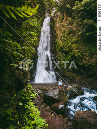 Waterfall in tropical jungle and alone woman. Waterfall in Bali, Indonesia 64636116