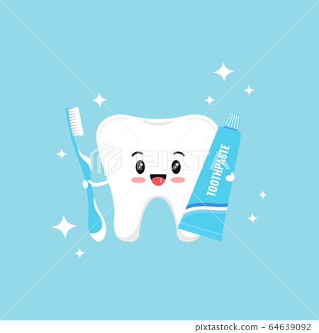 Cute tooth emoji with toothpaste, toothbrush and sparkles. 64639092