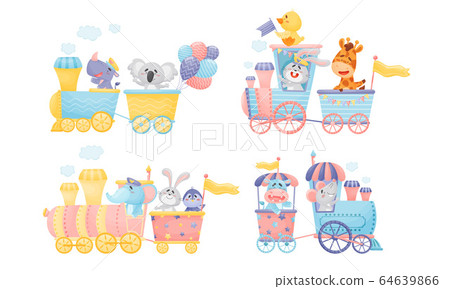 Funny Animals Holding Party Balloons Riding Locomotive Vector Set 64639866