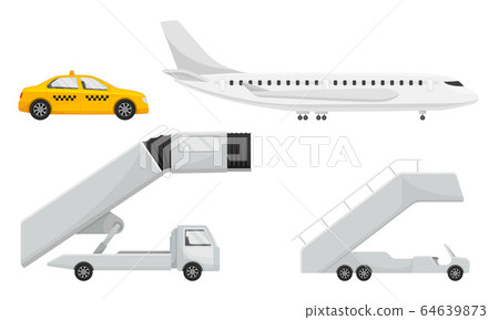 Airport Transportation and Vehicles with Airliner and Catering Vehicle Vector Set 64639873