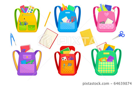 School Bags or Backpacks with School Stationery Peeped out From Pockets Vector Set School Bags or Backpacks with School Stationery Peeped out From Pockets Vector Set 64639874