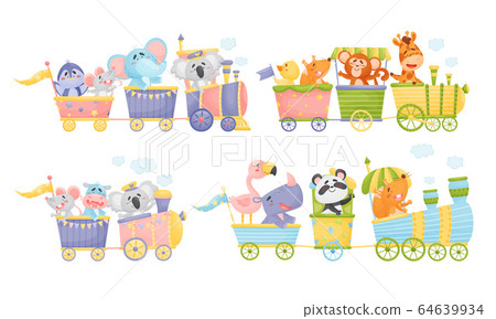 Funny Animals Riding Locomotive and Waving Paws Vector Set Funny Animals Riding Locomotive and Waving Paws Vector Set 64639934