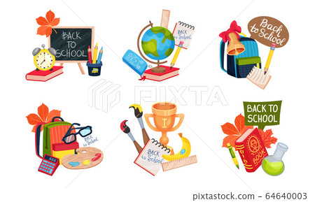 Compositions of School Supplies with School Bag and Globe Vector Set 64640003