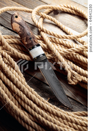Hunter combat hand made knife and hemp rope. Hunter combat hand made knife and hemp rope. 64641280