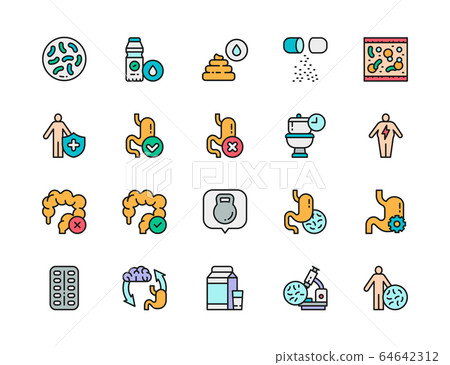Set of Probiotic Color Line Icons. Lactobacilli, Intestines, Vitamins and more. 64642312