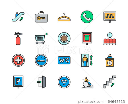 Set of Public Navigation Color Line Icons. Hanger, Taxi, Toilet, Wifi and more. 64642313