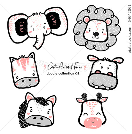 cute doodle wild animal face set, nursery kid cute doodle wild animal face set, nursery kid 64642861