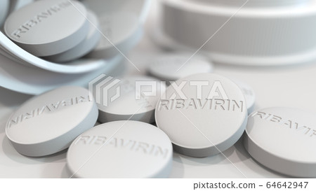 Ribavirin generic drug pills as a potential COVID-19 coronavirus disease medication, macro 3D rendering 64642947