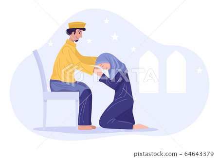 Daughter and father asking forgiveness during Hari Raya Aidilfitri Celebration Daughter and father asking forgiveness during Hari Raya Aidilfitri Celebration 64643379