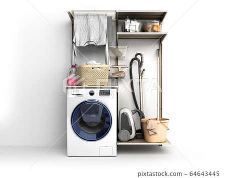 Washing machine and clothes on white background Washing machine and clothes on white background 64643445