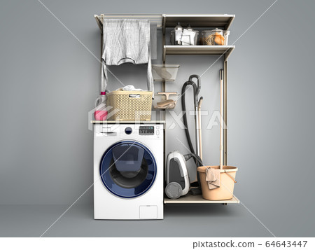 Washing machine and clothes 3d render on grey 64643447