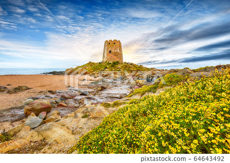 Fantastic sunset view of Bari Sardo tower in the 64643492