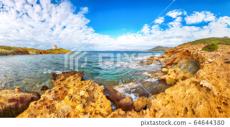 Panoramic view of Piscinni bay with turquoise sea Panoramic view of Piscinni bay with turquoise sea 64644380