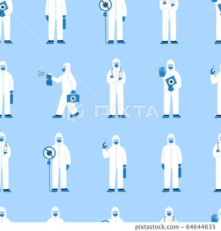 Modern vector seamless pattern in flat style. Endless texture with people in white hazmat suits isolated on blue. Stop coronavirus COVID-19. Doctors, nurses, healthcare workers, medical staff 64644635