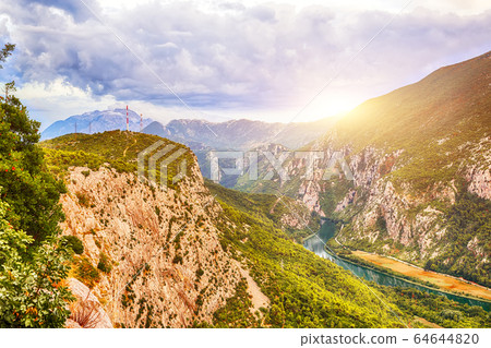 Beautiful aerial panoramic view of Cetina river Beautiful aerial panoramic view of Cetina river 64644820