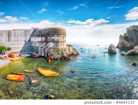 Fort Bokar and Fort Lovrijenac on a sunny day with Fort Bokar and Fort Lovrijenac on a sunny day with 64645137