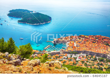Aerial panoramic view of Lokrum island and Old 64645187