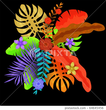 Summer trendy tropical leaves exotical plants palm jungle leaf. Trending colors on dark background template banner. Vector illustration isolated Summer trendy tropical leaves exotical plants palm jungle leaf. Trending colors on dark background template banner. Vector illustration isolated 64645456
