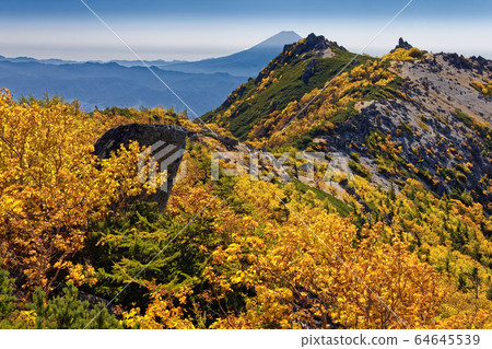 Mt. Fuji and Yakushidake's rocky peaks seen from the Southern Alps, Fenghuang Sansan, Kannondake ridgeline 64645539