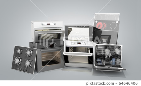 Home appliances built in Group of white 3d render Home appliances built in Group of white 3d render 64646406