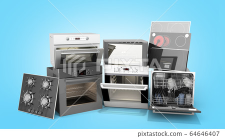 Home appliances built in Group of white 3d render Home appliances built in Group of white 3d render 64646407