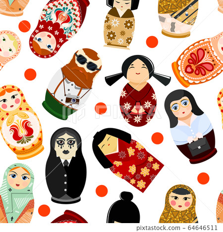 Doll matryoshka vector matrioshka russian toy traditional symbol of Russia national matreshka of different nationalities tourist Japanese arab illustration seamless pattern background 64646511