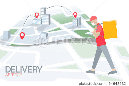 Walking delivery box with smartphone point map. Walk road food shipping mobile app order. Package quarantine thermal bag backpack dinner meal. Fast delivery concept vector illustration 64648282