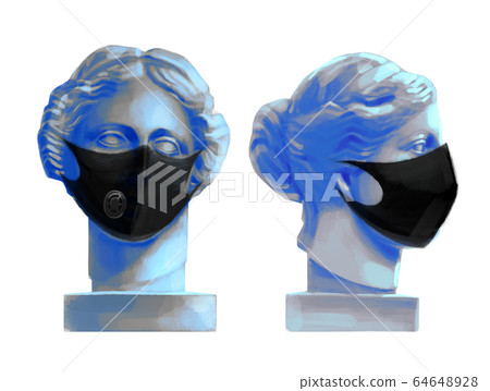 Venus de Milo head sculptures in the front and side views wearing black protective masks Venus de Milo head sculptures in the front and side views wearing black protective masks 64648928