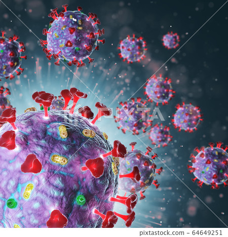 3D render of Corona VIRUS 2019nCoV has been discovered first time in January 2020 in China town Wuhan. Close-up from microscope of coronavirus. 64649251