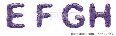 Plastic letters set E, F, G, H made of 3d render plastic shards purple color. 64649265