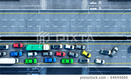 Cars on highway in traffic jam 3d render from top 64649866