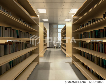 Library room bookshelves tables with chairs light 64649868