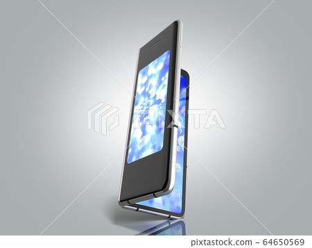 First serial foldable phone 3d render on grey First serial foldable phone 3d render on grey 64650569