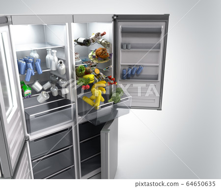 Open Stainless steel modern refrigerator on grey Open Stainless steel modern refrigerator on grey 64650635