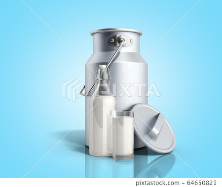 milk can container near the bottle and glass of 64650821