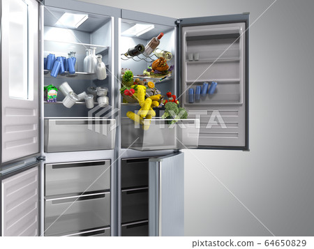 Open Stainless steel modern refrigerator on grey Open Stainless steel modern refrigerator on grey 64650829