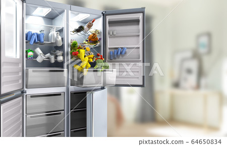 Open Stainless steel modern refrigerator on room Open Stainless steel modern refrigerator on room 64650834