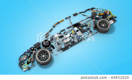 car silhouette made of details 3d render on blue car silhouette made of details 3d render on blue 64652020