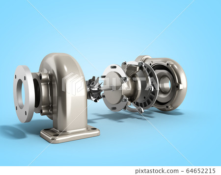 Automotive turbocharger turbine 3d render on blue 64652215