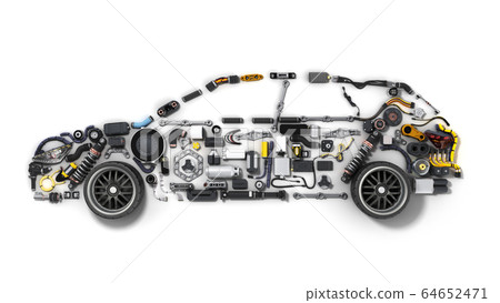 car silhouette made of details 3d render on white car silhouette made of details 3d render on white 64652471