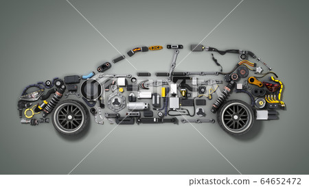 car silhouette made of details 3d render on grey 64652472